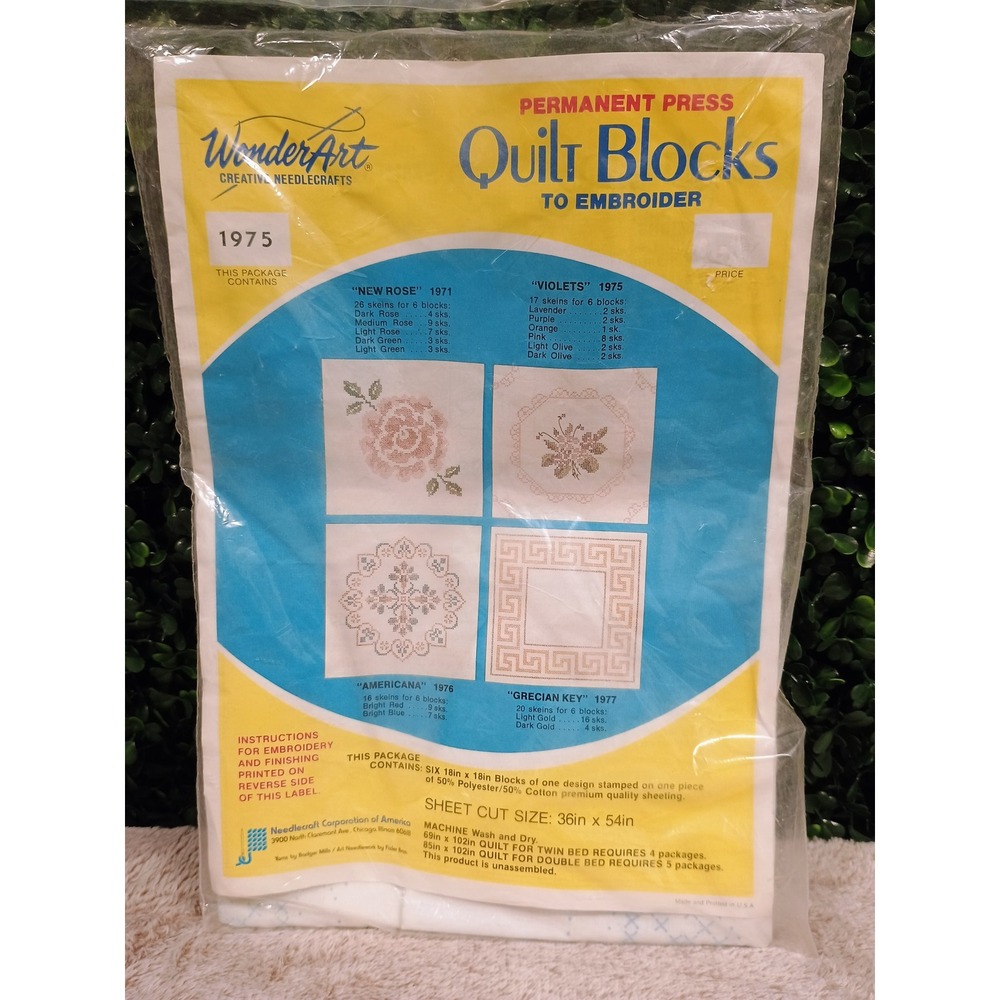 WonderArt Vintage 1975 Violets Quilt Blocks to Embroider Stamped Kit 36x54 Sheet